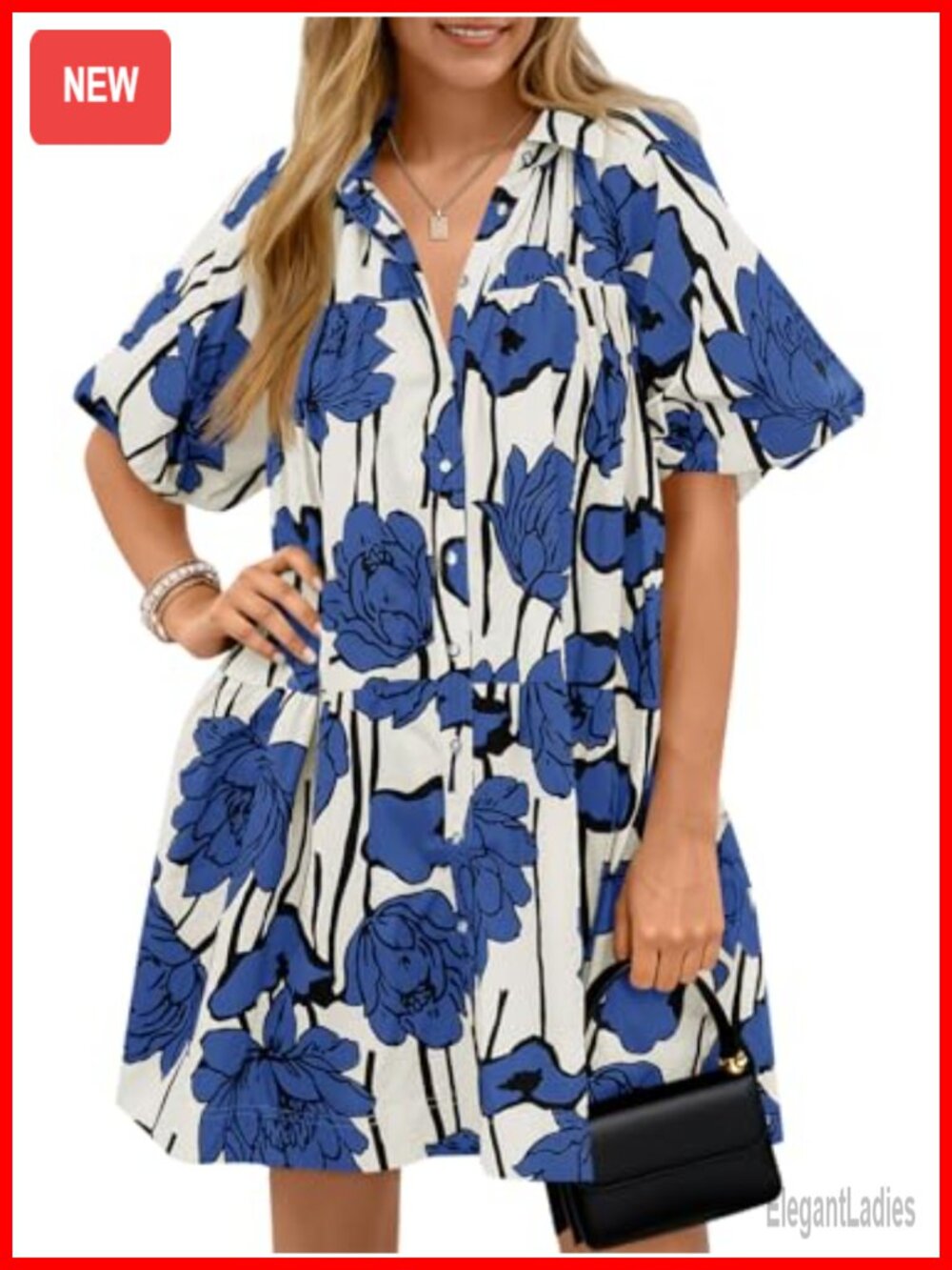 Women's Floral Button Down Mini Shirt Dress with Pockets, Short Sleeve Loose Fit